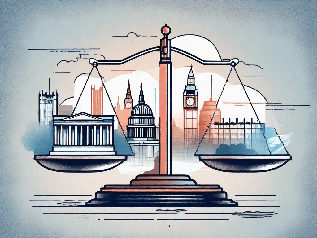 A balanced scale with financial documents and a startup building on either side