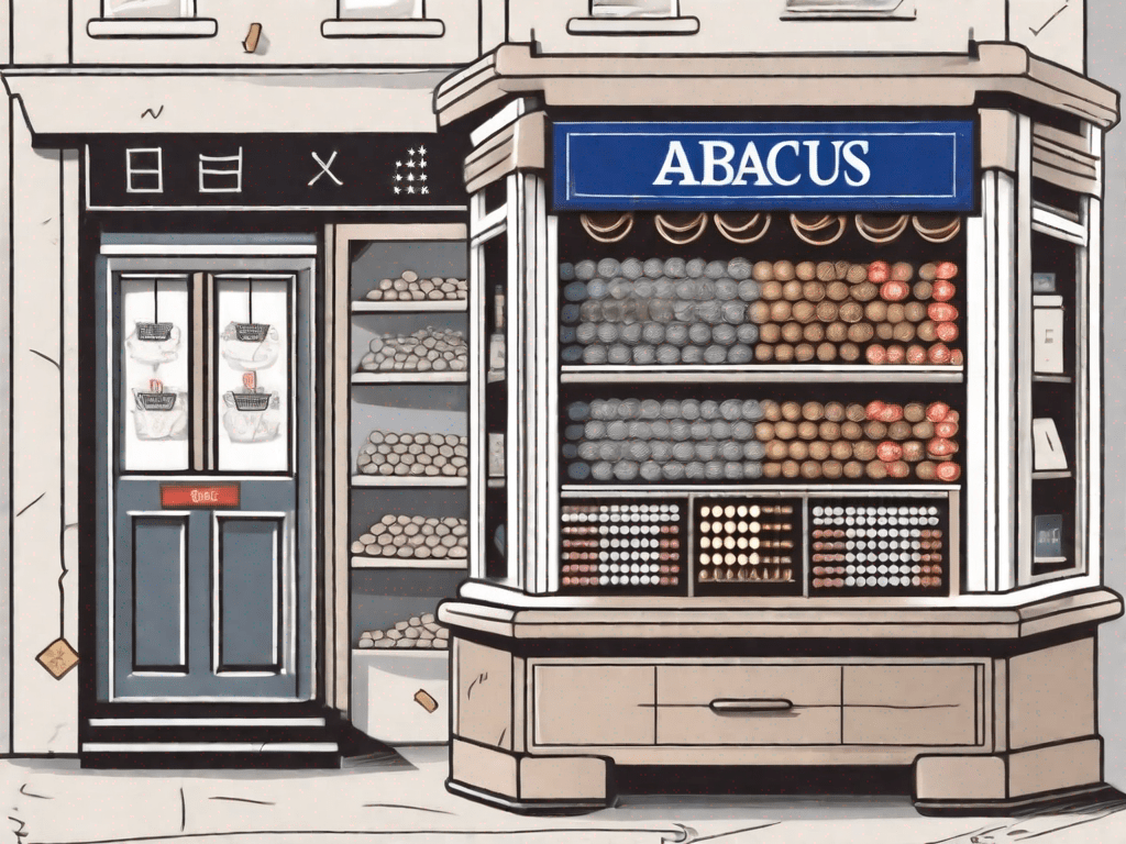 A small traditional british shop with an abacus and calculator on the counter